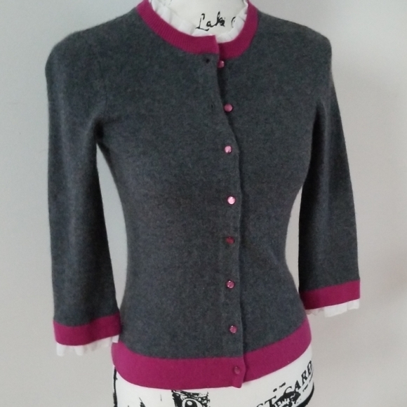 Sutton Cashmere Gray/Fuchsia/White button Cardigan - Picture 1 of 8